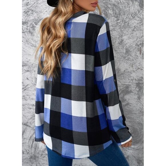 Women's Plaid Cuffed Long Sleeve Blouse V-Neck Casual Work Top S-3XL - Picture 2 of 5